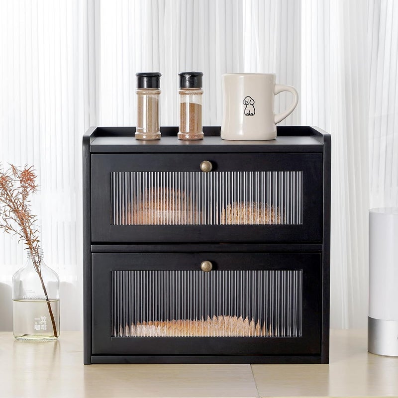 Sunhoo Bread Box for Kitchen Countertop Wooden Bread Storage Container Bin 2 Layer Breadbox Holder Large Capacity Keeper Vintage Farmhouse Food Organizer Pantry Shelf Acrylic Window（Black） - Image 3